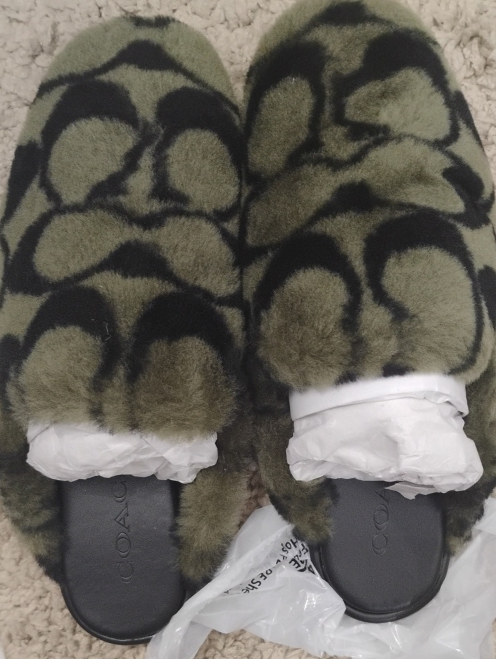 Coach Olive & Black Shearling Slide Slippers